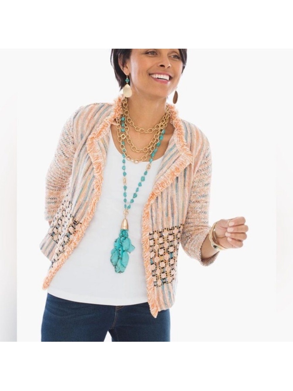 Striped Open-Front Peach Multicolor Women's Sweater Jacket